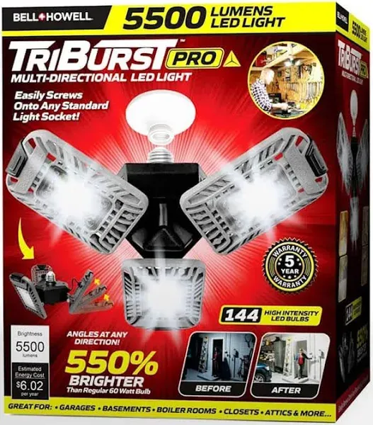 Triburst Deluxe by Bell+Howell, ASON TV 5500 Lumens/6500 Kelvin Indoor Lights, Ultra Bright Lighting with 144 LED Bulb, Multi-Directional Triple Panel Bedroom, Garage, Ceiling Light