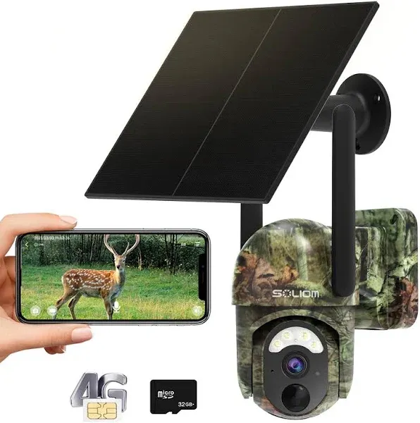 SOLIOM S50 4G Cellular Trail Camera,No WiFi Wireless Outdoor Security Camera with Solar Panel,Pan Tilt 355°View,2K HD Solution,Night Vision,32GB Memory Card,3N Sim Card for Verizon, AT&T and T-Mobile