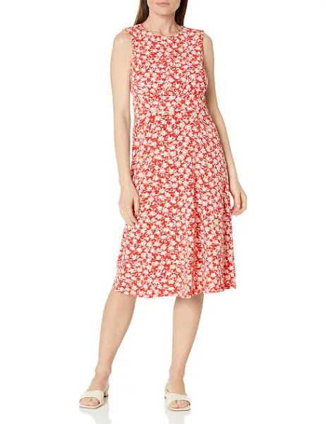 London Times Petite Printed Jewel-Neck Midi Dress - Red Ivory - Size 6p