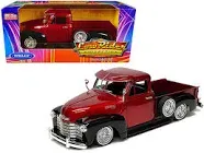 1953 Chevy 3100 Pickup Truck Lowrider Red Metallic and Black Two-Tone Low Rider Collection 1/24 Diecast Model Car by Welly 22087LRW-MRD