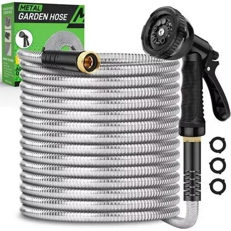 Itsonestep Garden Hose 50 ft, Metal Stainless Steel Water Hose with 10 Function Nozzles