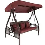 Sunnydaze Decor Deluxe Steel Frame Maroon Cushioned Swing with Canopy & Side Tables