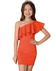 WDIRARA Girl's One Shoulder Ruffle Trim Flounce Sleeve Pencil Party Dress-10 Yr