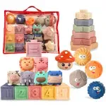 Montessori Toys for Babies 6-12 Months Baby Toys 4 in 1 Baby Blocks Soft Stacking Building Blocks Rings Balls Sets Baby Sensory Toys 6-12 Months Infants Teething Toys