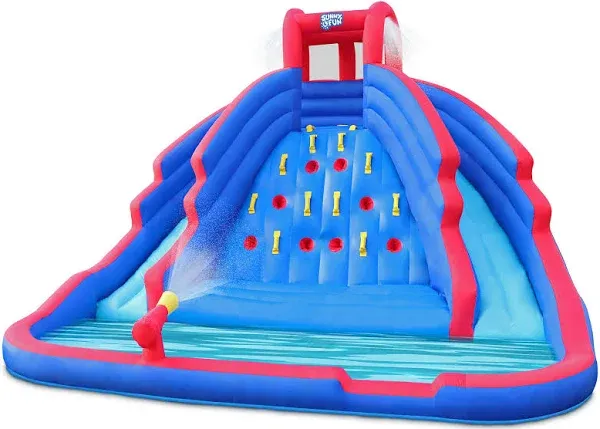 Sunny & Fun Deluxe Inflatable Water Slide Park - Heavy-Duty Nylon Bouncy Station for Outdoor Fun - Climbing Wall, Two Slides & Splash Pool