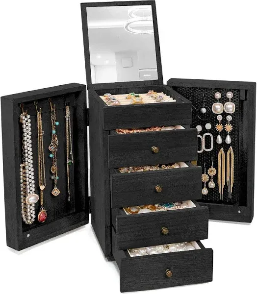 Jewelry Box Wood for Women, 5-Layer Large Organizer Box with Mirror &amp; 4 Drawe...