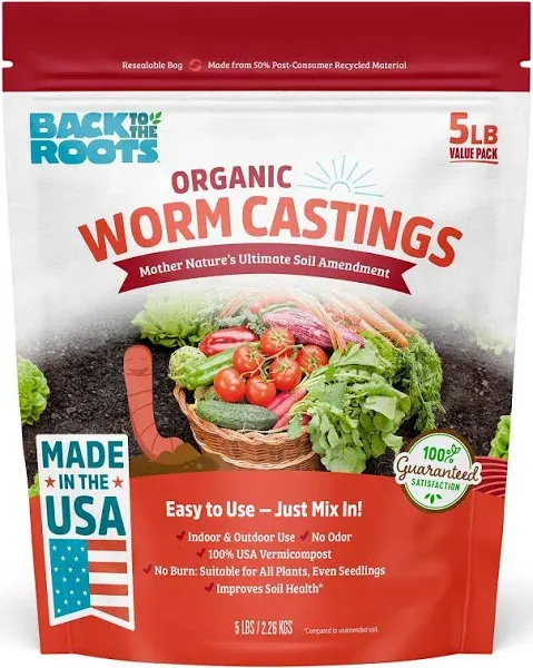 Back to the Roots 100% Organic & Made in USA Worm Castings, All Natural Plant Fertilizer and Soil Enhancer, 5lb Value Pack