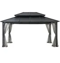 12 x 16 Steel Gazebo with 2-Tier Roof Hardtop Gazebo with Ceiling Hook and Netting