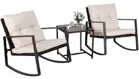 Suncrown 3 Piece Outdoor Rocking Bistro Set Black Wicker Furniture Porch Chairs Conversation Sets with Glass Coffee Table