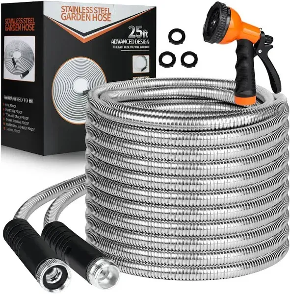 Garden Hose 25 FT Flexible Metal Hose with 10 Function Nozzle Kink Free