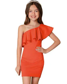 WDIRARA Girl's One Shoulder Ruffle Trim Flounce Sleeve Pencil Party Dress-10 Yr