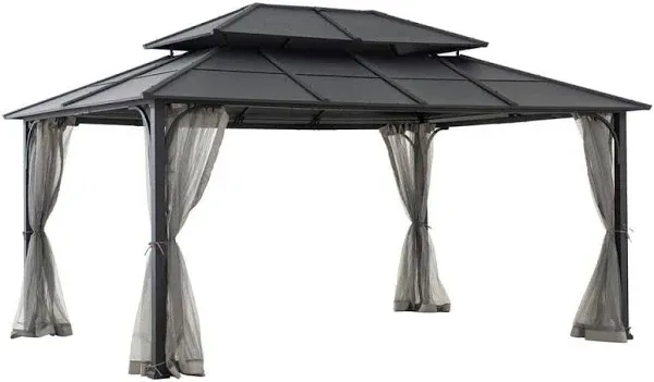 12 x 16 Steel Gazebo with 2-Tier Roof Hardtop Gazebo with Ceiling Hook and Netting