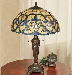 Touch of Class Lorne Stained Glass Table Lamp Blue, Gold, Cream - Tiffany Style - Art Nouveau Inspired - Fleur De Lis - Old Fashioned Vintage Aesthetic Lamps with Base for Bedroom, Living Room