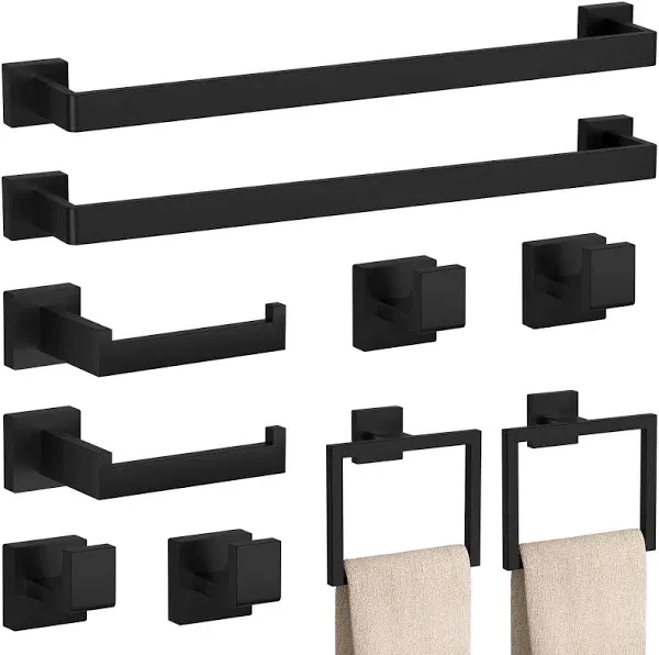 PNWNNH 10-Pieces Matte Black Bathroom Accessories Set, 23.6 inch Bath Towel Bar Set, Sus 304 Stainless Steel Bathroom Hardware Set, Towel Racks for