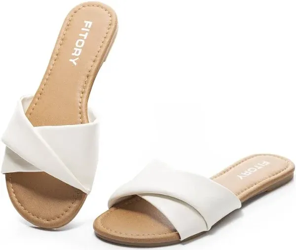 FITORY Women's Flat Sandals Fashion Slides With Soft Leather Slippers for Summer Size 6-11