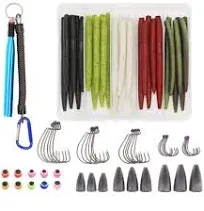 Senko-Worms-Bass-Fishing-Lure-Kit-Wacky-Rig-Worms-Soft-Plastic-Stick-Baits3 4" 5" 6 inch 80 Pieces Set with Texas Wacky Rig Tool and Hooks