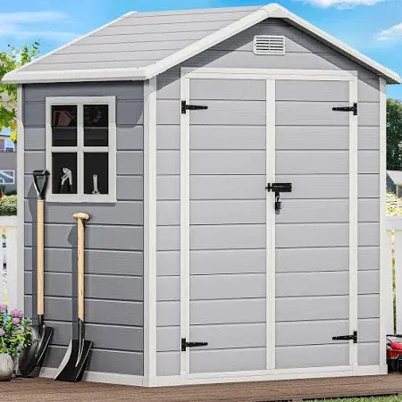 DWVO 6x4.4 FT Outdoor Resin Storage Shed with Reinforced Floor, All-Weather Bike Storage Shed with Lockable Door, Window and Vent, Waterproof Plastic Tool Storage for Garden, Backyard, Patio, Lawn