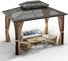 GAOMON 10x12ft Gazebo, Hardtop Double Roof Canopy with Netting and Curtains