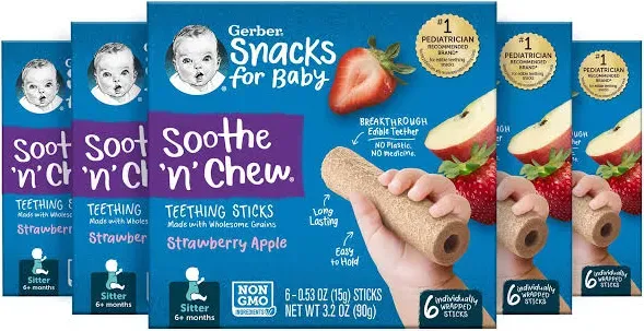 Gerber Soothe 'N' Chew Strawberry Apple Teething Sticks 6+ Months Snacks For Baby (3.2 oz)