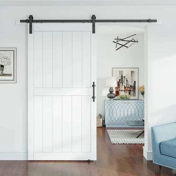 SMARTSTANDARD 30in x 80in Sliding Barn Door with 5ft Barn Door Hardware Kit & Handle, Pre-Drilled Ready to Assemble, DIY Unfinished Solid Spruce Wood Panelled Slab, K-Frame Natural