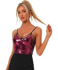 Allegra K Women's Sequin Sparkle Mesh Panel Sleeveless Party Club Cami Top