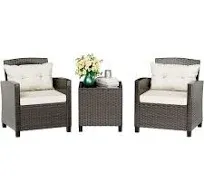 3 Piece Outdoor Wicker Rattan Front Porch Bistro Set Cushioned Patio Chairs Conversation Set