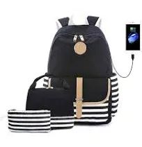 School Backpack for Teen Girls Women with USB Charging Port, Lightweight Canvas Backpack College Bookbag with Lunch Bag and Pencil Case, Black