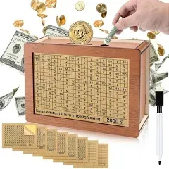 Money Box with Counter, Reusable Wooden Money Box Retro Money Bank with 500 1000 2000 3000 5000 10000 Money Saving Target, Wooden Money Bank for Kids Adults to Create Emergency Fund