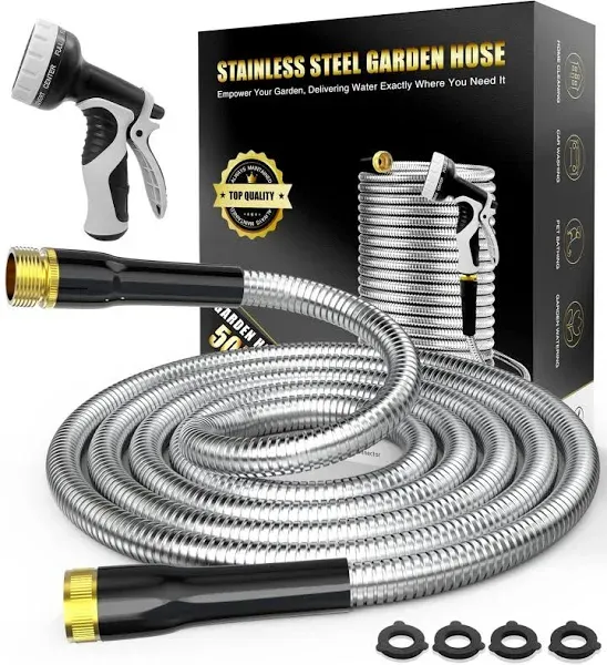 Garden Hose 50ft, Metal Water Hose with 10 Function Nozzle - Flexible Metal Garden Hose, Kink Free, Lightweight and Sturdy Water Hose, Metal Hose for Yard, 3/4" Fittings Metal Hose