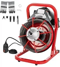 Drain Cleaning Machine 50Ft 3/8Inch Cable, Portable Electric Sewer Snake, Drain Auger Cleaner with 4 Cutter, Foot Switch Drain Cleaner Machine Red