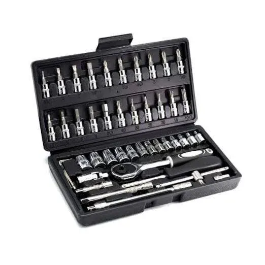 YUFANYA 46pcs 1/4 inch Drive Socket Set,Metric Ratchet Wrench Set with 4-14mm CR-V Sockets,S2 Bits,Extension Bars,Mechanic Tool Kits for Household