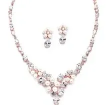 Ravishing Rose Gold Freshwater Pearl and CZ Statement Necklace and Earrings Set 4430S-I-RG