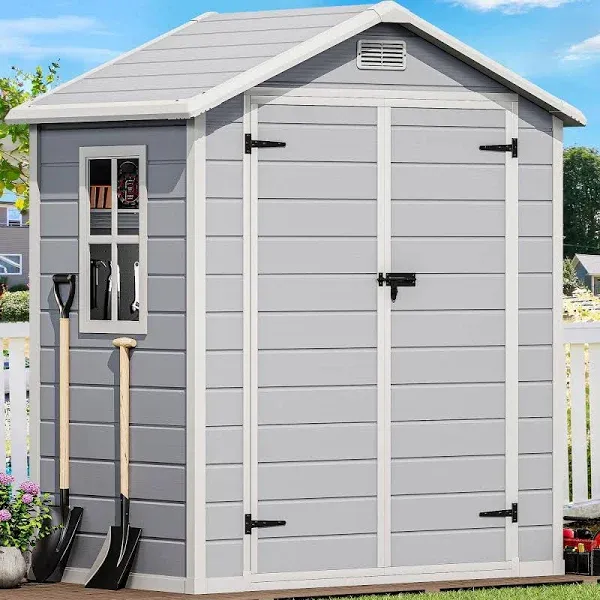 DWVO 6.2x3.4 FT Outdoor Resin Storage Shed with Reinforced Floor, All-Weather Bike Storage Shed with Lockable Door, Window and Vent, Waterproof Plastic Tool Storage for Garden, Backyard, Patio, Lawn