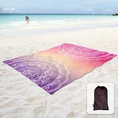 Sunlit Silky Soft 85"x72" Boho Sand Proof Beach Blanket Sand Proof Mat with Corner Pockets and Mesh Bag for Beach Party, Travel, Camping and Outdoor Music Festival, Blue Purple Mandala