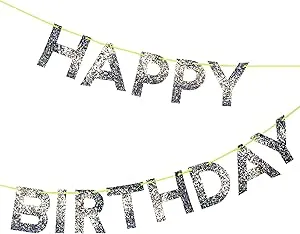 Meri Meri Silver Happy Birthday Banner (Pack of 1), 8' Birthday Party Banner with Excess Cord