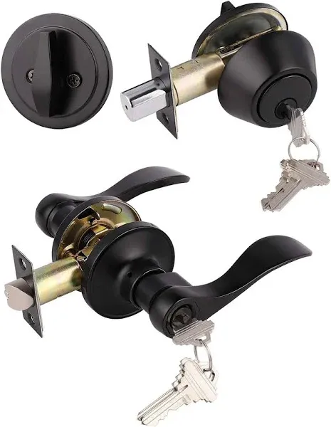 Gobrico 3 Pack Exterior Door Lever Lockset with Single Cylinder Deadbolt Black Door Handle with Deadbolt Lock Set Keyed Alike, Matte Black Finished