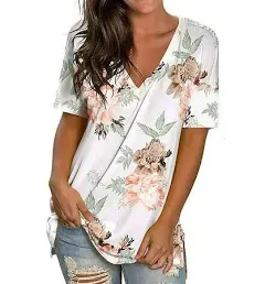 Fantaslook V Neck T Shirts for Women Floral Summer Tops Short Sleeve Shirts Casual Tunic Tops