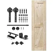 S&Z TOPHAND 40 in. x 84 in. Unfinished British Brace Knotty Barn Door with 6.6FT Sliding Door Hardware Kit/Solid Wood/Sliding Door/Double Surfaces/A Simple Assembly is Required (40, Door+ Big Wheel)