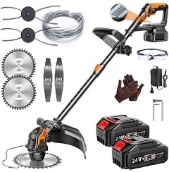 Electric Weed Wacker Cordless 3-in-1 Weed Eater Battery Powered, 24V Brush Cutter, with 2x2.0Ah Batteries and 3Types Blades, for Lawn, Yard and Bush Trimming