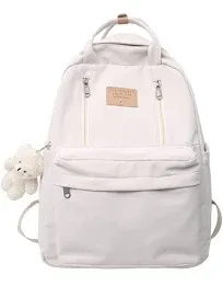 AONUOWE Preppy Backpack with Plushies Cute Backpack for Teen Girls Light Academia Bookbags Solid Aesthetic School Bag (White)