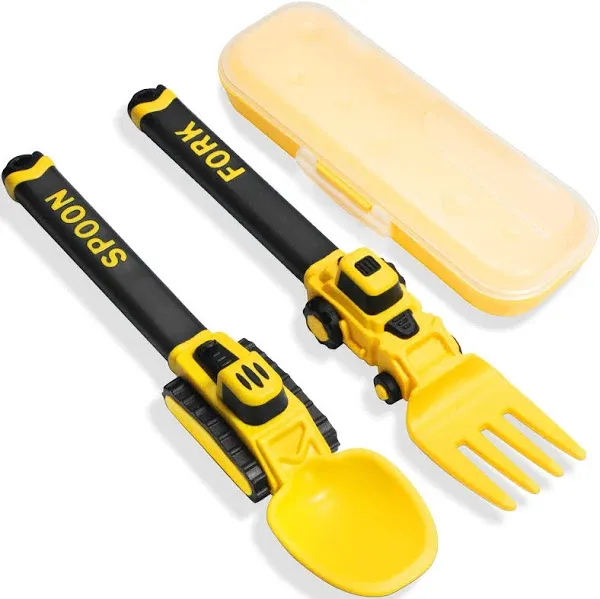 Construction Toddler Utensils - Reusable Plastic Fork and Spoon Storage Case - -