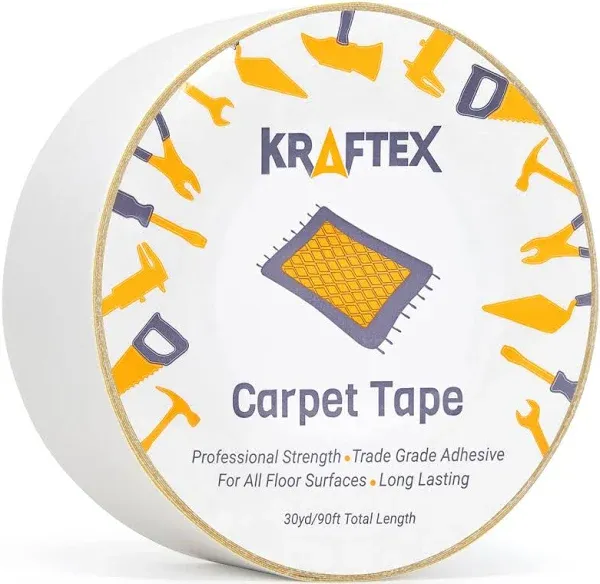 Double Sided Carpet Tape Heavy Duty for Area Rugs, Tile Floors [90ft/30 Yrd, 1.88 inch] Rug Gripper Tape with Strong Adhesive 2 Sided Stick for Concrete, Outdoors, Indoors, Laminate, Hardwood, Runners