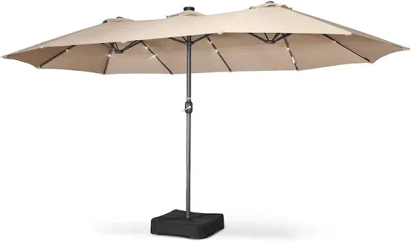 15x9 Ft Double Head Patio Umbrella with Base, 36 LED Lights, Sand Bags, UV Re...