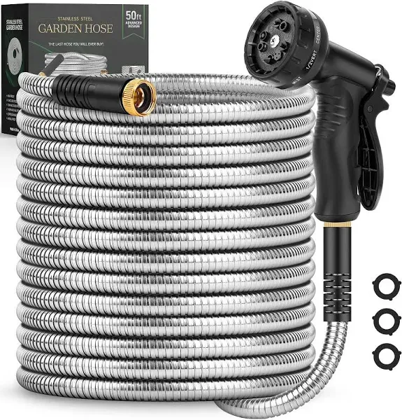 Garden Hose 50 ft, Stainless Steel Water Hose with 10 Function Nozzle Flexibl...