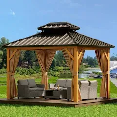 GAOMON Hardtop 10x12ft Gazebo, Double Roof Canopy with Netting and Curtains, Wood Grain Outdoor Gazebo Galvanized Iron Aluminum Frame Garden Tent for Patio, Backyard, Deck, Lawns