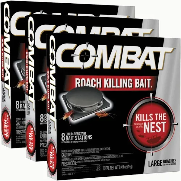 Combat Roach Killing Bait for Large Roaches, Kills The Nest, Child Resistant, for Waterbugs and Cockroaches and More, 8 Count (Pack of 3)