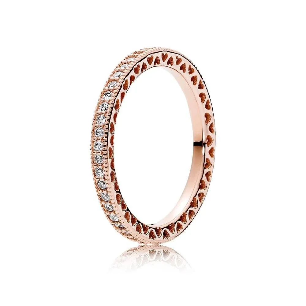 Pandora Sparkle & Hearts Ring - 14k Rose Gold-plated Unique Metal Blend / Clear - Sz. 50