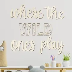 Where The Wild Ones Play Sign Wooden Playroom Decor, Wood Art Decoration for Boys and Girls Toy Room Nursery, Toddler Room Bedroom, Jungle Theme Playroom Word Sign Decor 8 pcs Set SHO18