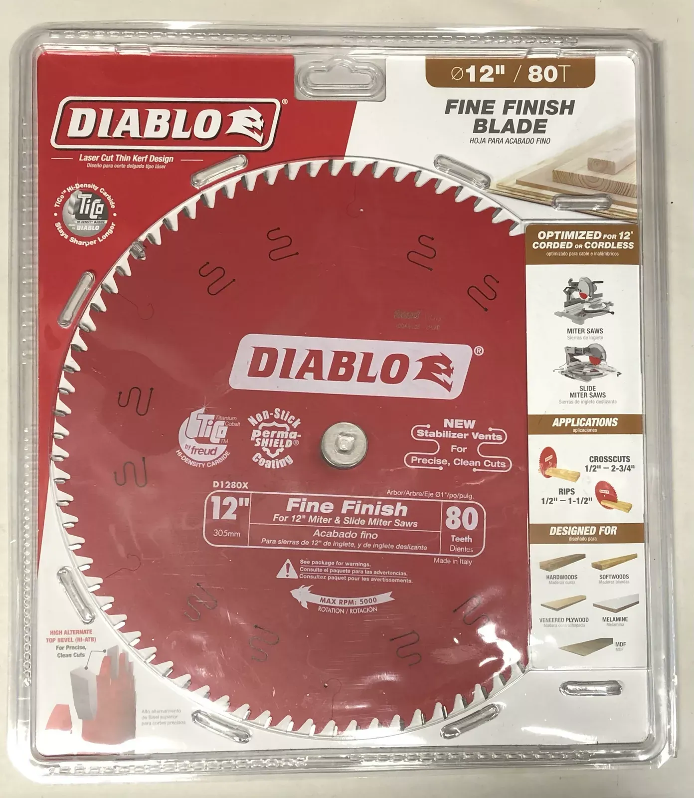 Freud D1280X Diablo 12-Inch 80 Tooth ATB Crosscutting Saw Blade w 1-Inch Arbor