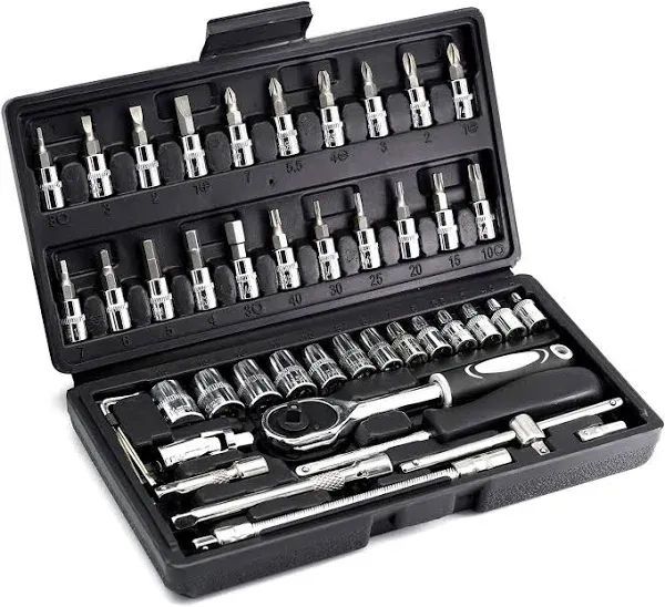 YUFANYA 46PCS 1/4 inch Drive Socket Set,Metric Ratchet Wrench Set with 4-14mm CR-V Sockets,S2 Bits,Extension Bars,Mechanic Tool Kits for Household Auto Repair